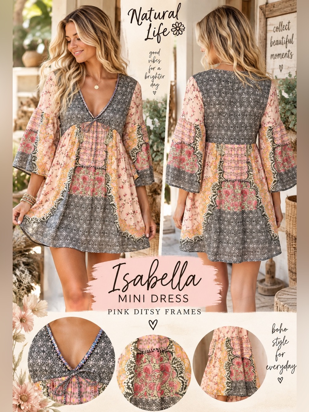 NATURAL LIFE Isabella Mini Dress - Pink & Gray Patchwork Print